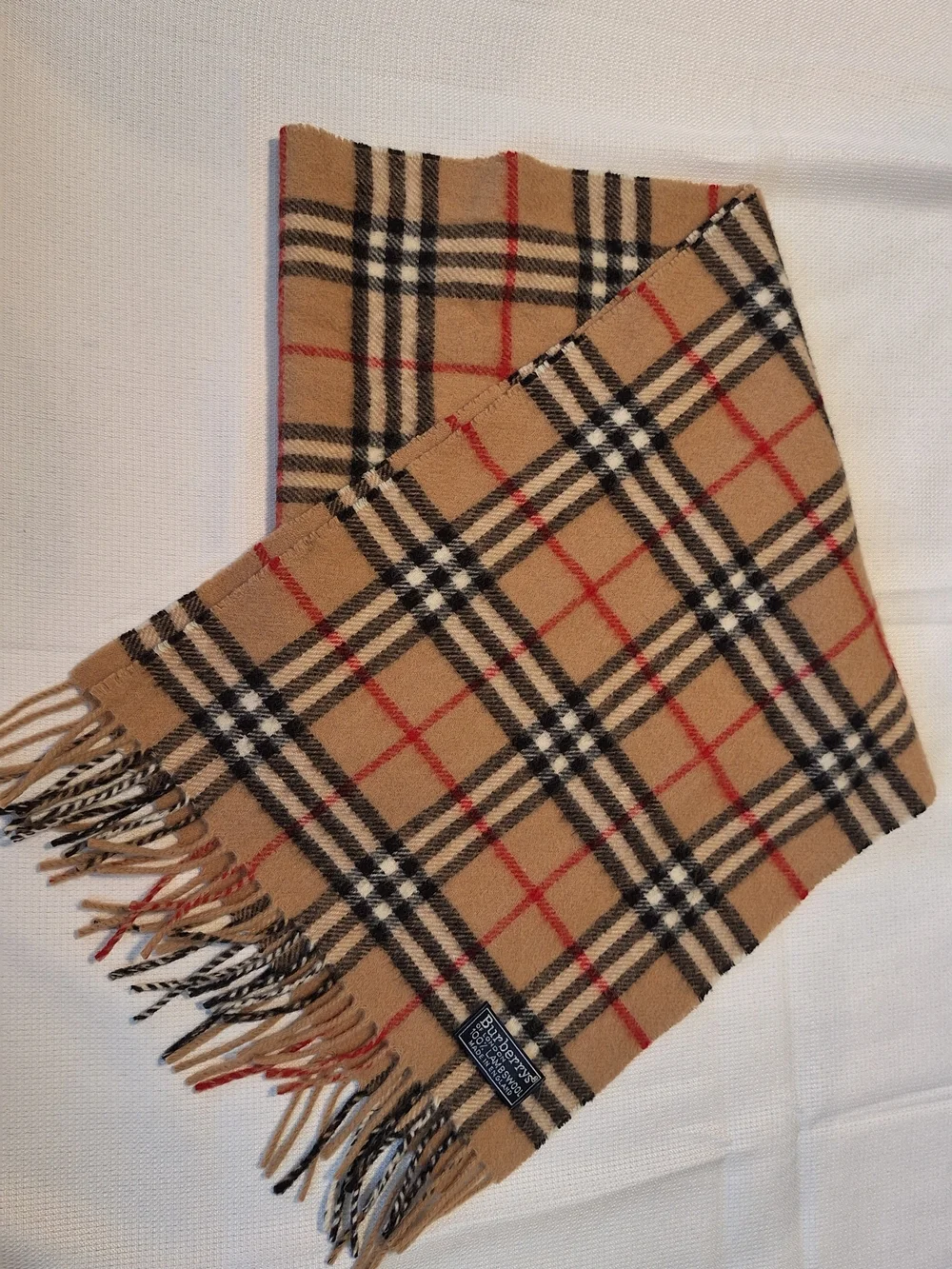 Burberrys 100% Lambswool Tan Plaid Fringe Scarf for Men